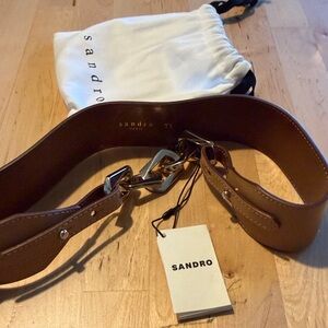 Sandro Tan Leather Belt with Silver Chain Detail